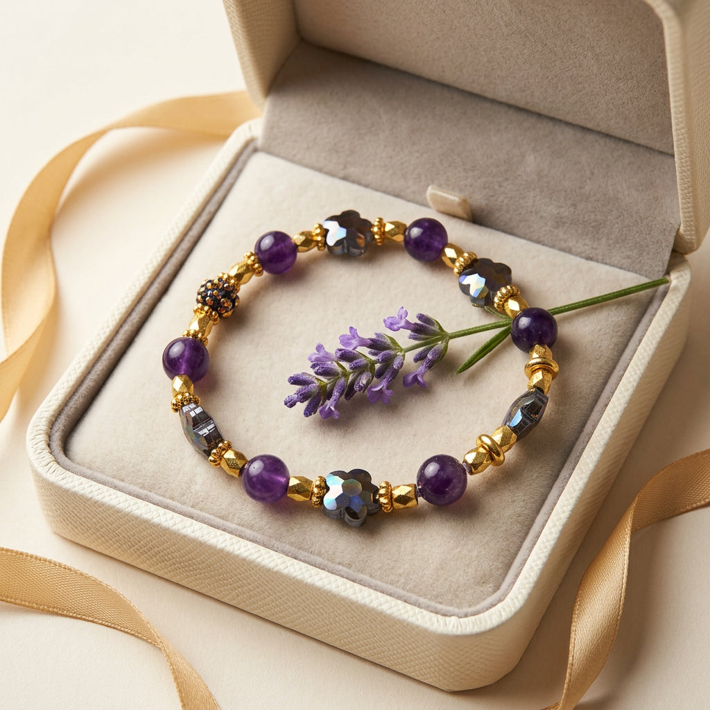 A beaded stretch bracelet featuring purple round beads, metallic gold spacers, and gray crystal flower charms, displayed on a plain light gray background.