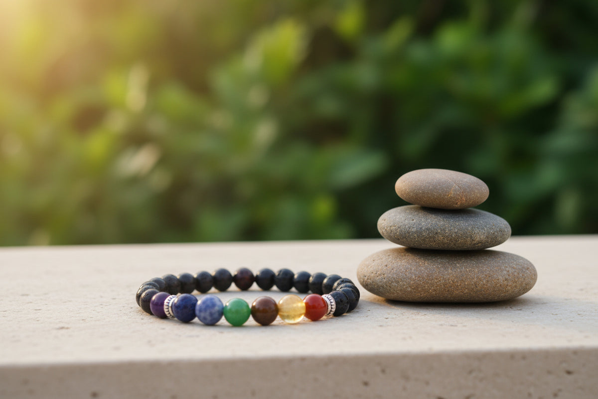 A beaded chakra bracelet featuring dark black beads with seven colorful stone beads representing the chakras at the bottom, separated by small silver spacer beads, displayed on a plain light gray surface.