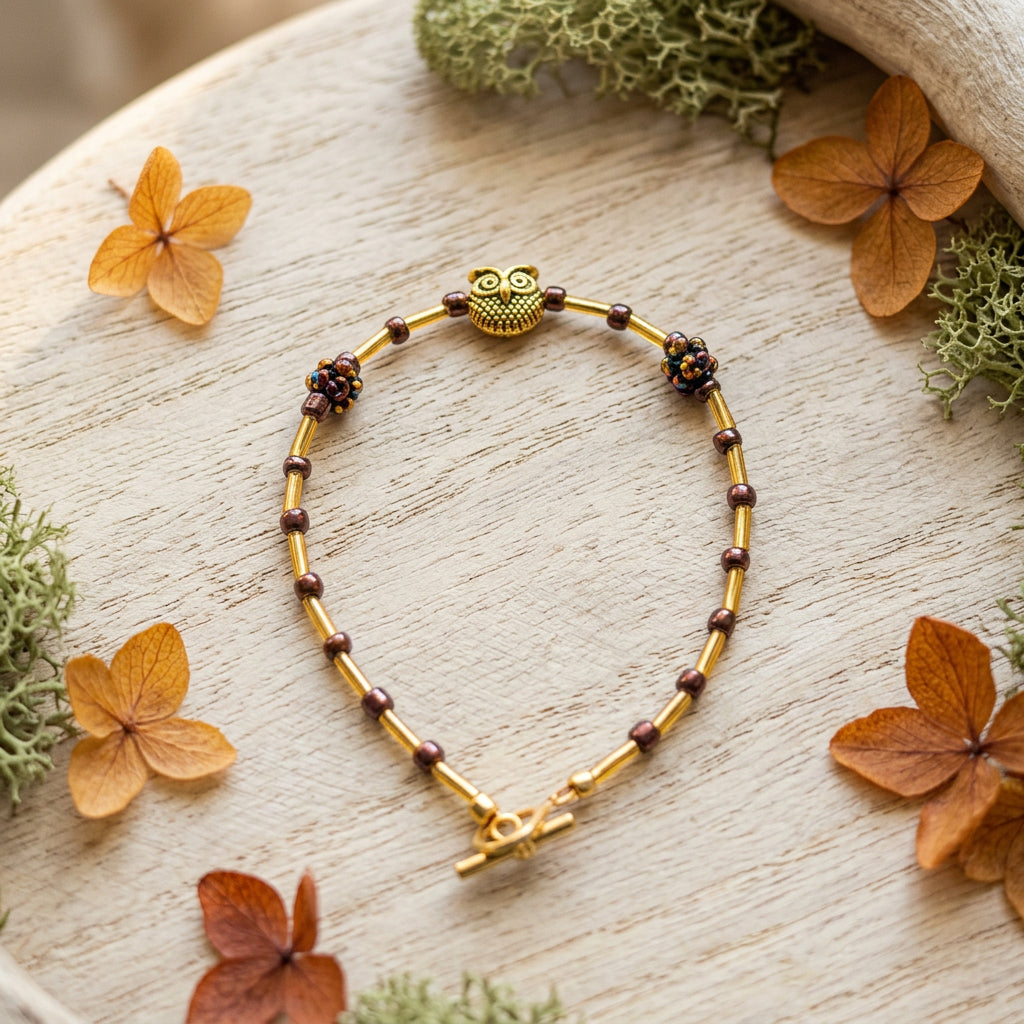 A gold-toned beaded bracelet with small dark brown beads, floral motifs, and a small tiger-head clasp, displayed on a plain light gray background.