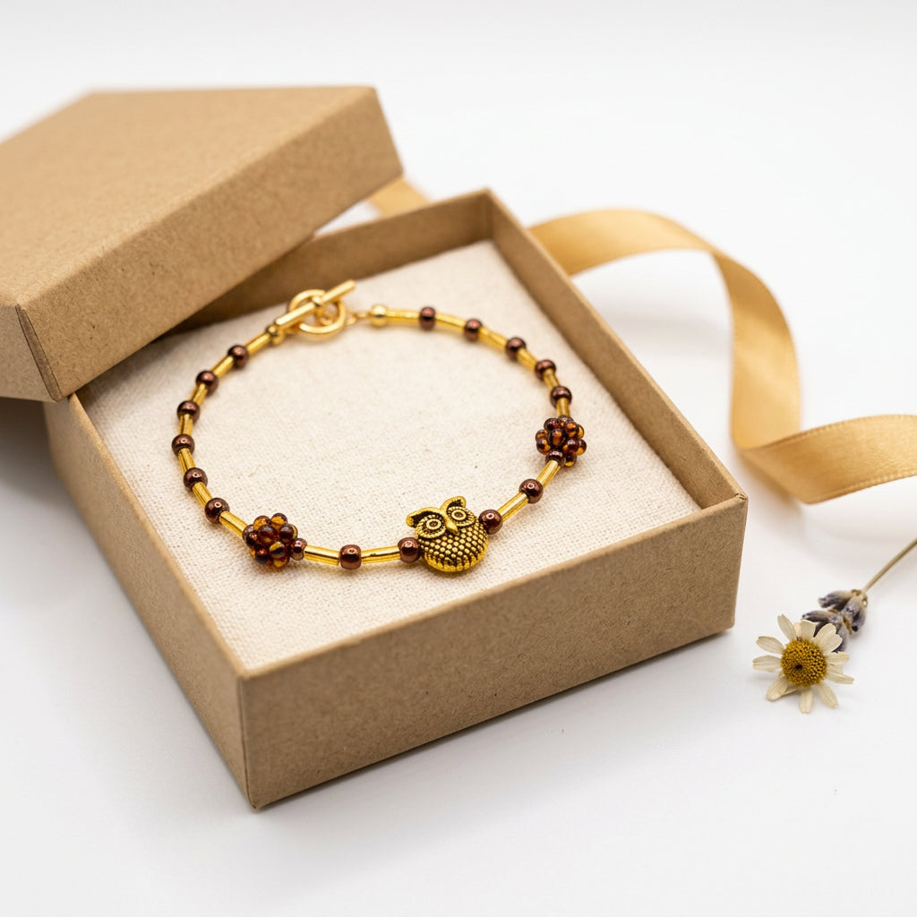 A gold-toned beaded bracelet with small dark brown beads, floral accents, and a toggle clasp, displayed on a plain light gray background.