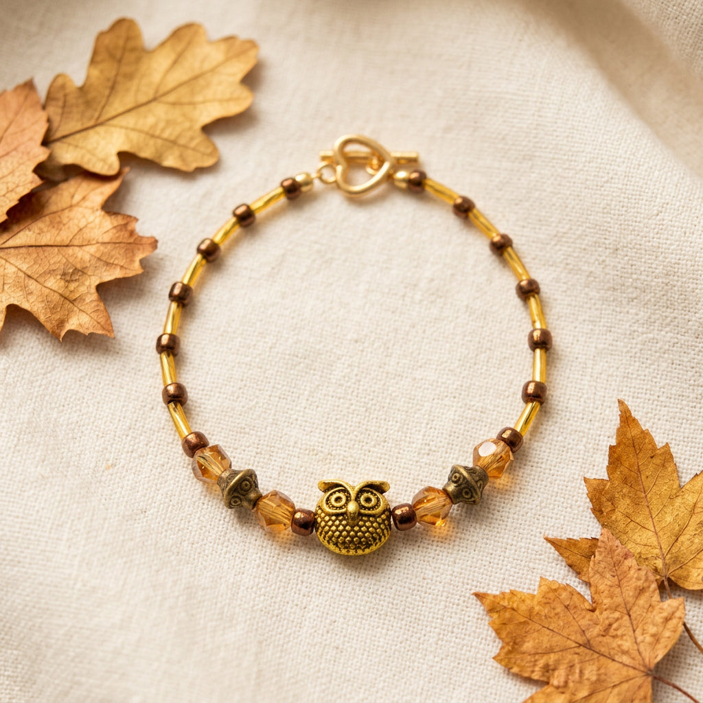 A beaded bracelet with small brown beads, translucent amber-colored beads, and a central textured gold owl charm, displayed on a plain light gray background.