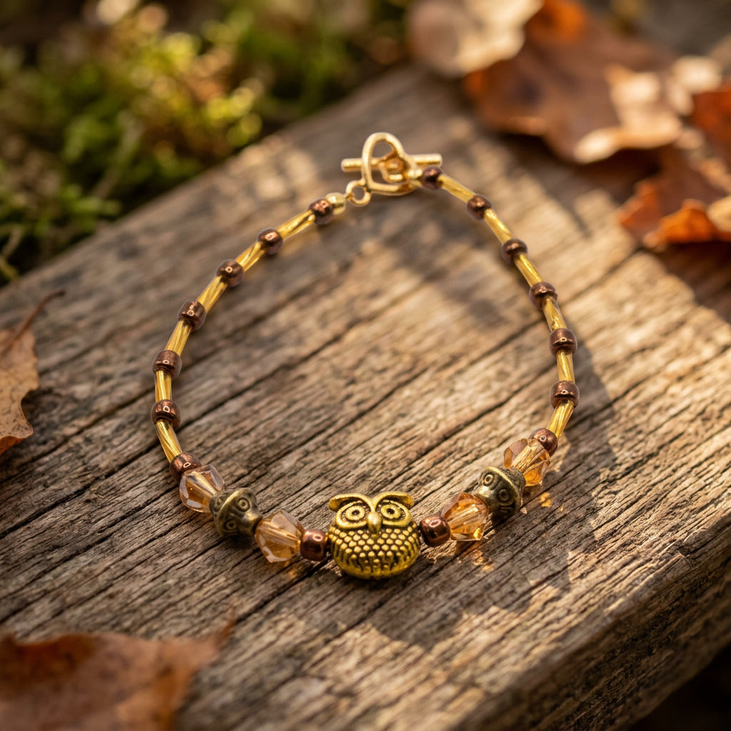A beaded bracelet with small brown beads, translucent amber-colored beads, and a central gold owl charm, displayed on a plain light gray background.