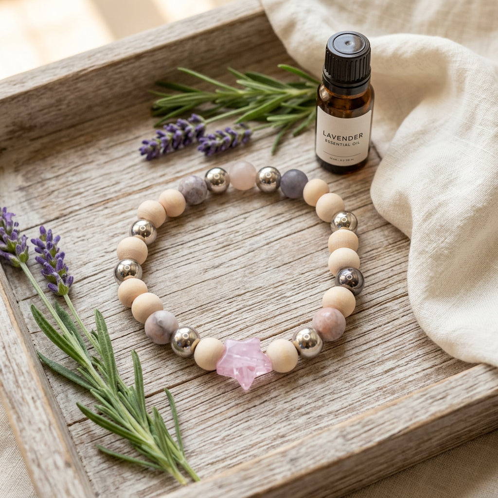 A beaded stretch bracelet featuring light beige and pinkish-beige wooden beads, polished silver metal beads, and a small pink crystal star charm, displayed on a neutral gray background.