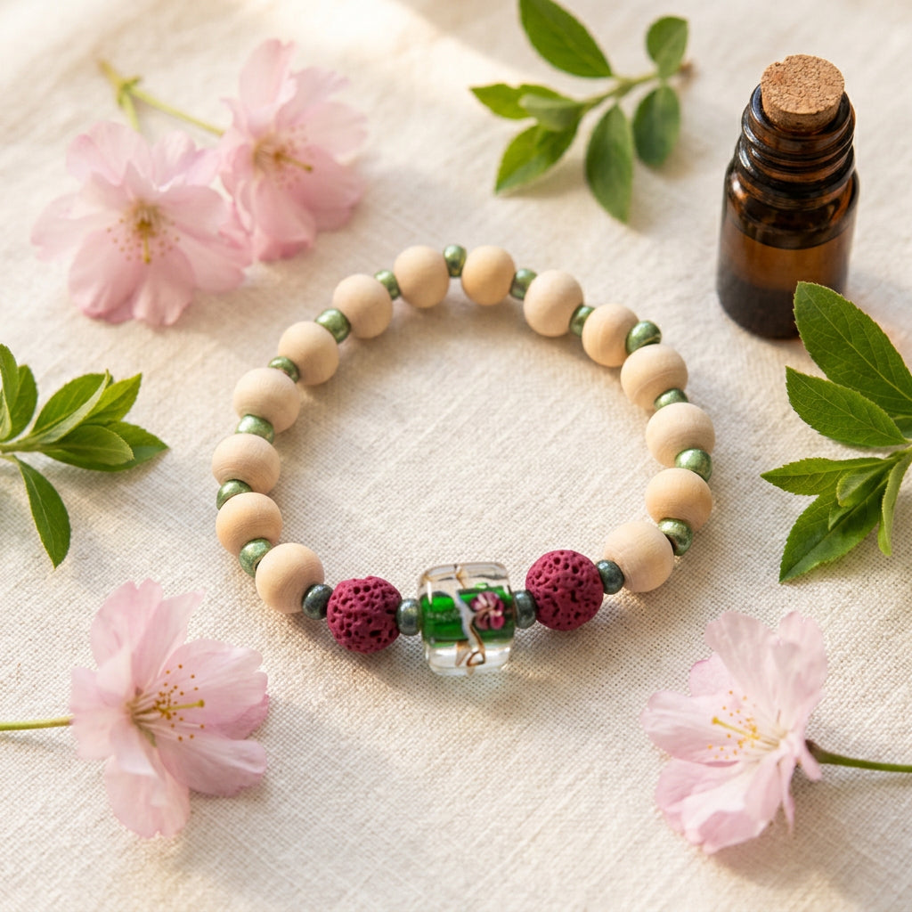A beaded stretch bracelet featuring natural wood beads, small metallic green beads, two dark red knotted pom-poms, and a central clear glass charm with a floral pattern, displayed on a plain light gray background.