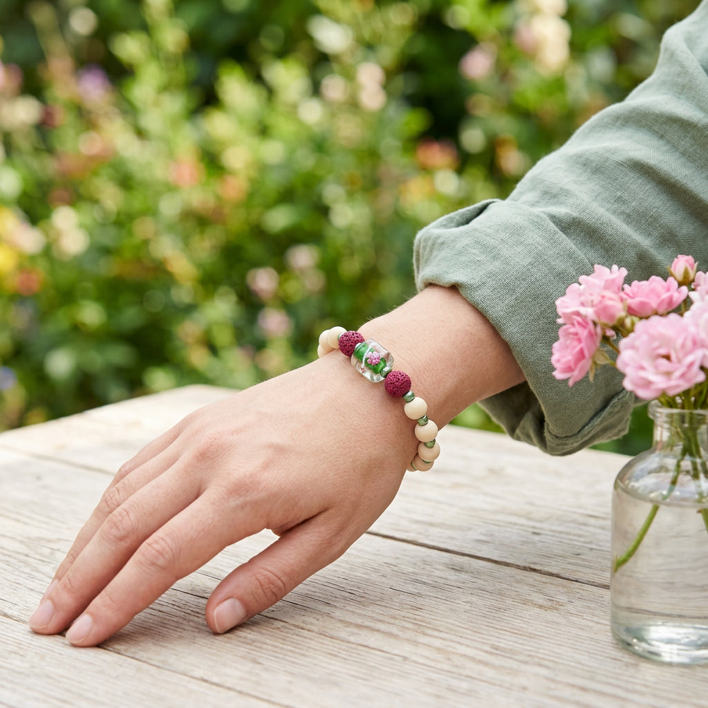 A beaded stretch bracelet featuring light beige wooden beads, metallic green beads, two dark red knotted beads, and a central clear glass charm with a green floral pattern, displayed on a plain light gray background.