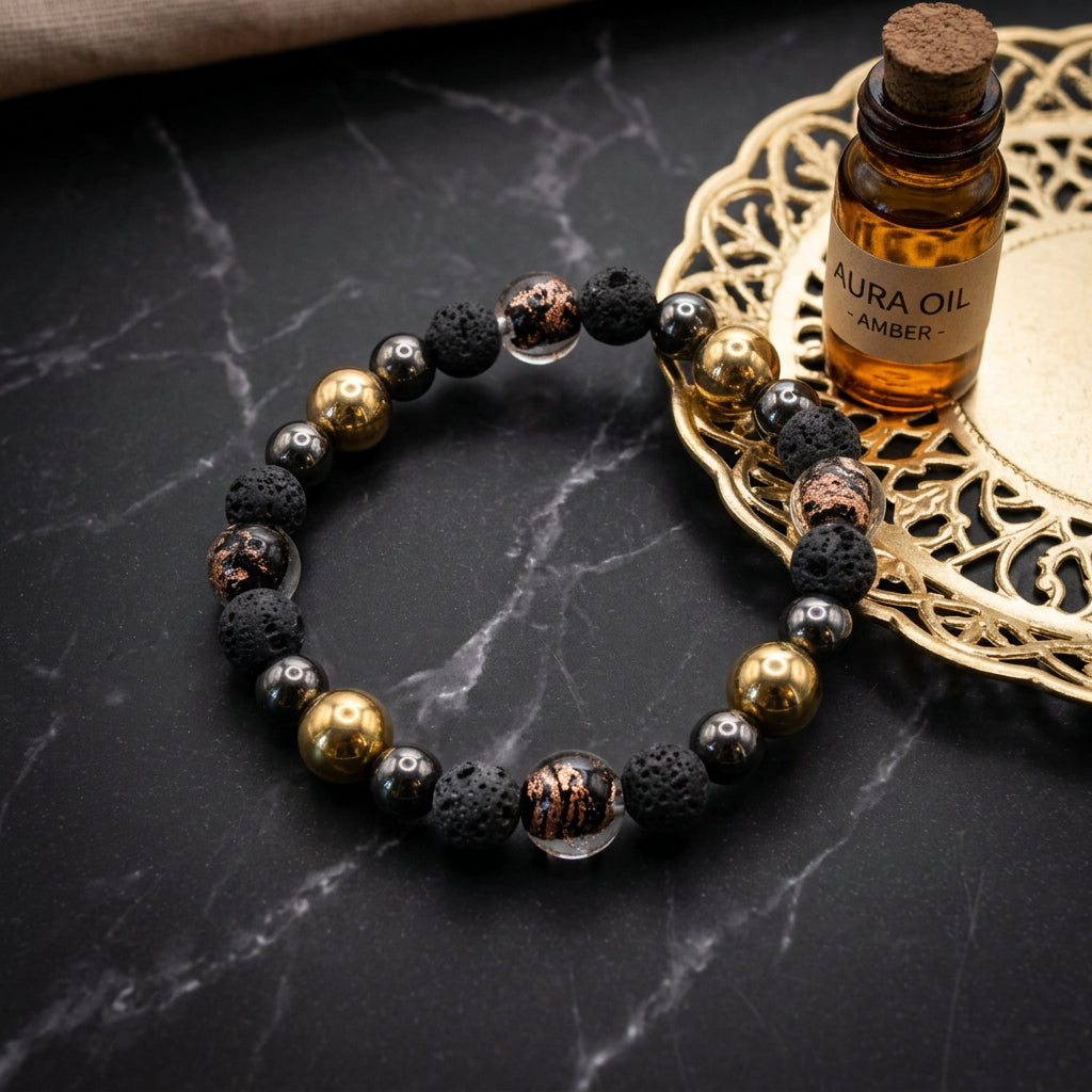 A beaded stretch bracelet featuring matte black and textured dark gray lava stone beads, polished metallic gold beads, and a few clear faceted beads, displayed on a neutral light gray background.