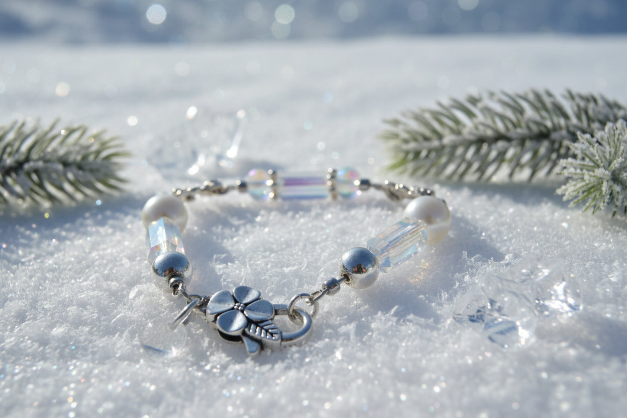 A silver chain bracelet featuring white faux pearls, iridescent clear beads, and a silver four-leaf clover charm with a dangling round bead, shown on a neutral gray background.
