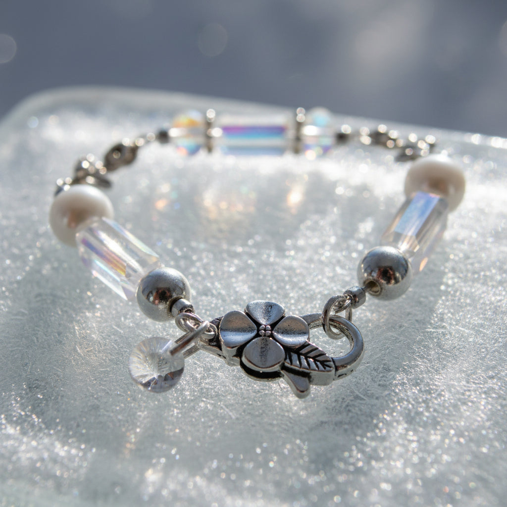 A silver-tone charm bracelet featuring white faux pearls, faceted clear beads, and a silver four-leaf clover charm, displayed on a neutral gray background.
