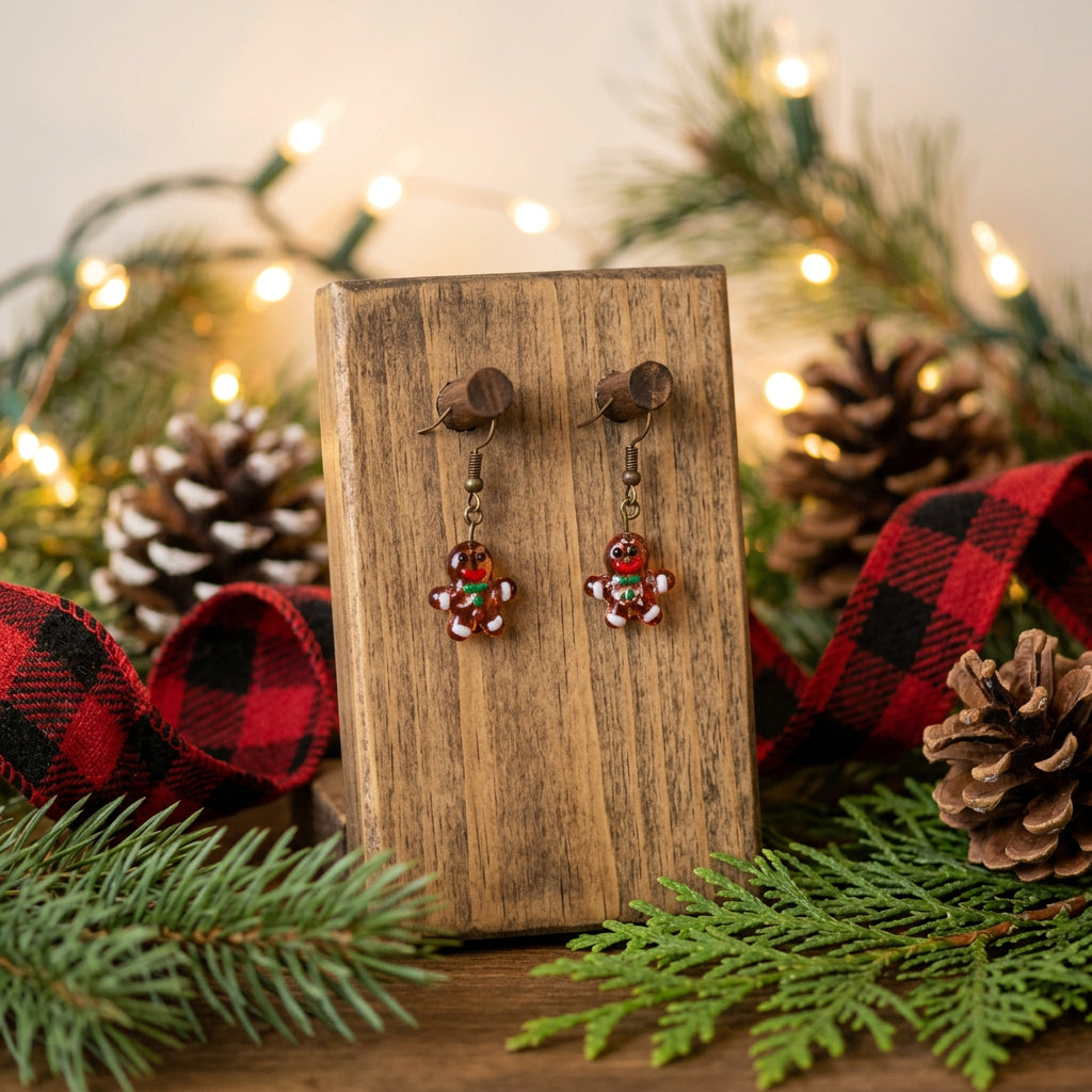 A pair of handmade dangle earrings featuring small gingerbread men charms in orange and red glass, suspended from dark metal hooks on a clear acrylic display stand against a plain gray background.