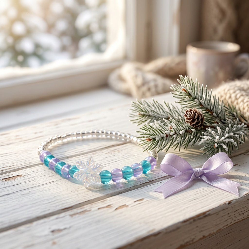 A beaded stretch bracelet featuring translucent blue and purple beads, a small silver-toned beaded section, and a central clear crystal snowflake charm, shown on a plain gray background.