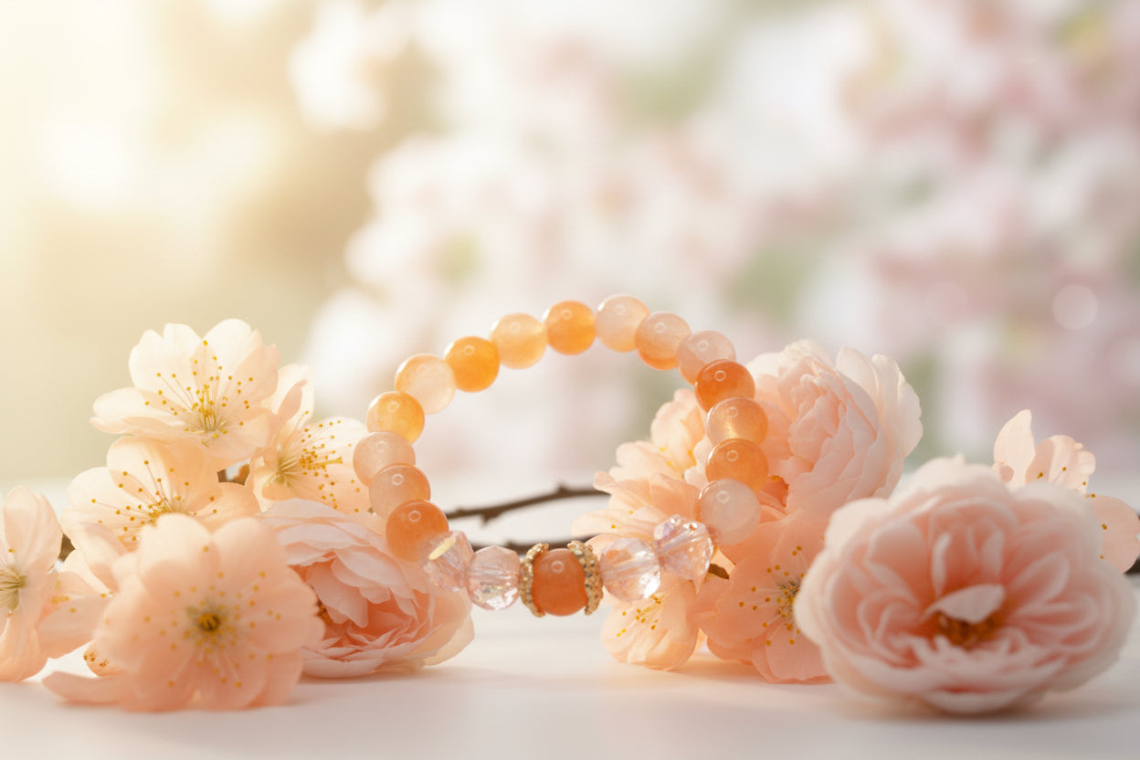 A beaded stretch bracelet featuring round orange and pale pink beads, accented by faceted clear beads and a central round orange bead with a gold-toned textured border, shown on a plain light gray background.