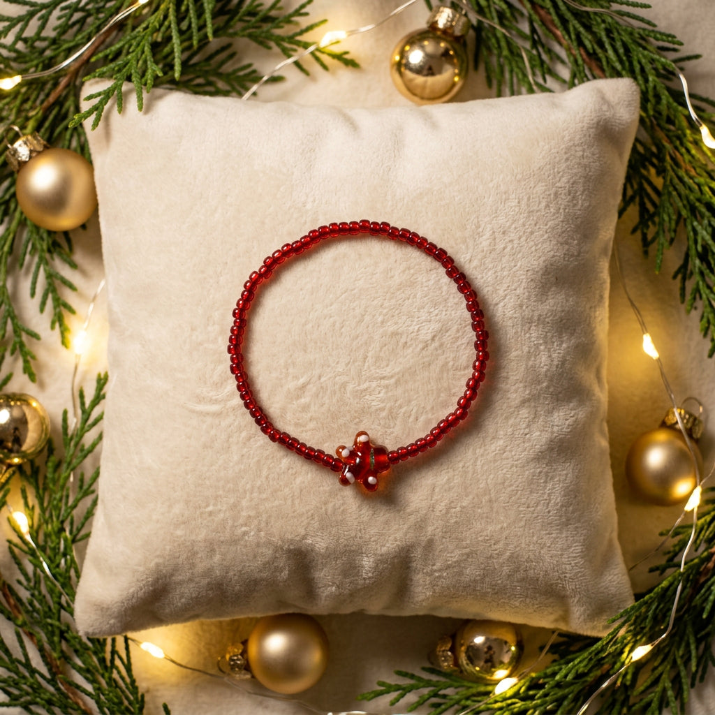 A beaded bracelet with dark red and black beads and a small orange-brown flower charm, displayed on a plain light gray background.