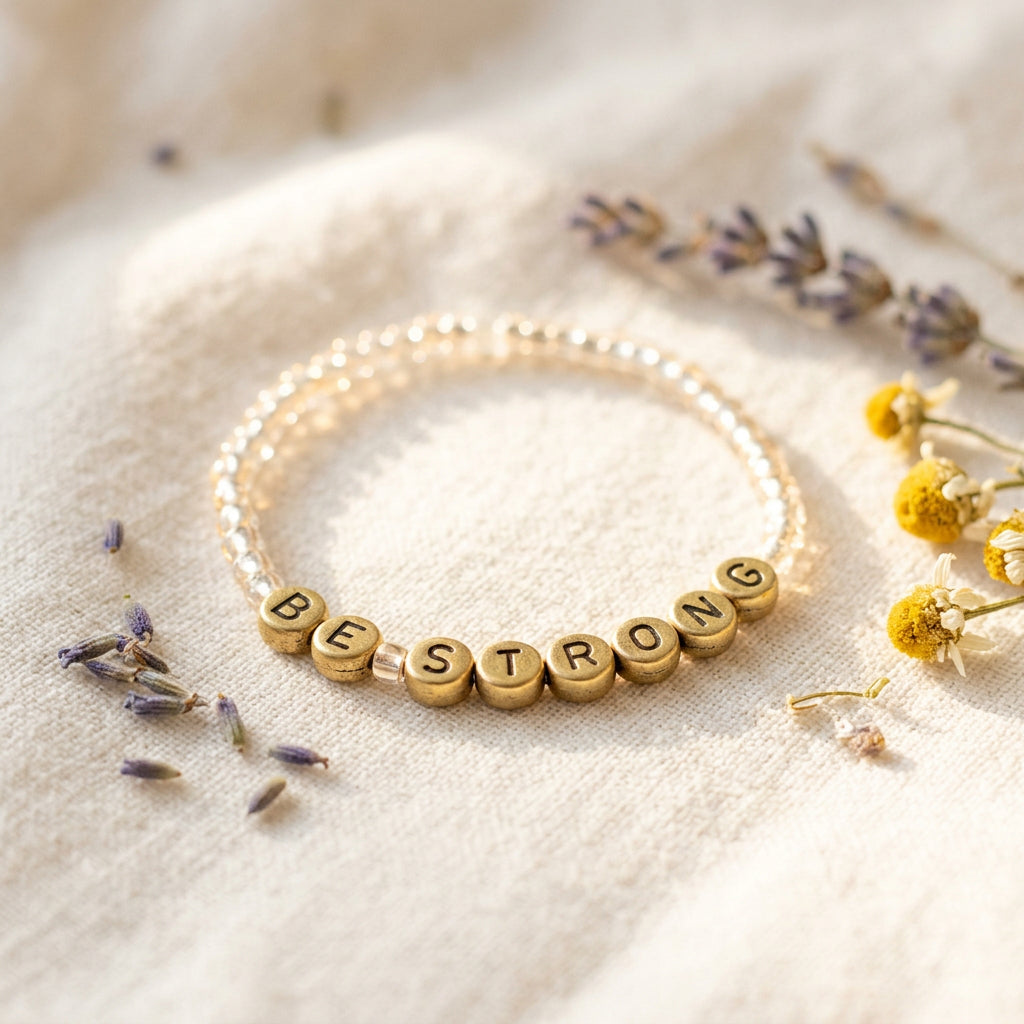A delicate bracelet featuring a silver-toned chain with a row of small gold-toned circular beads, displayed on a plain light gray background.
