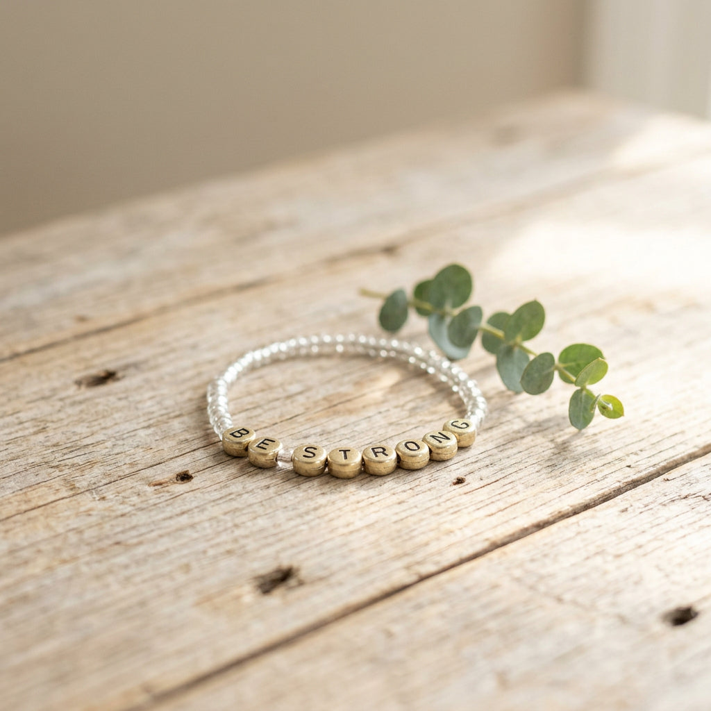 A delicate bracelet featuring a silver-toned chain with a row of small gold-toned circular beads, displayed on a plain light gray background.