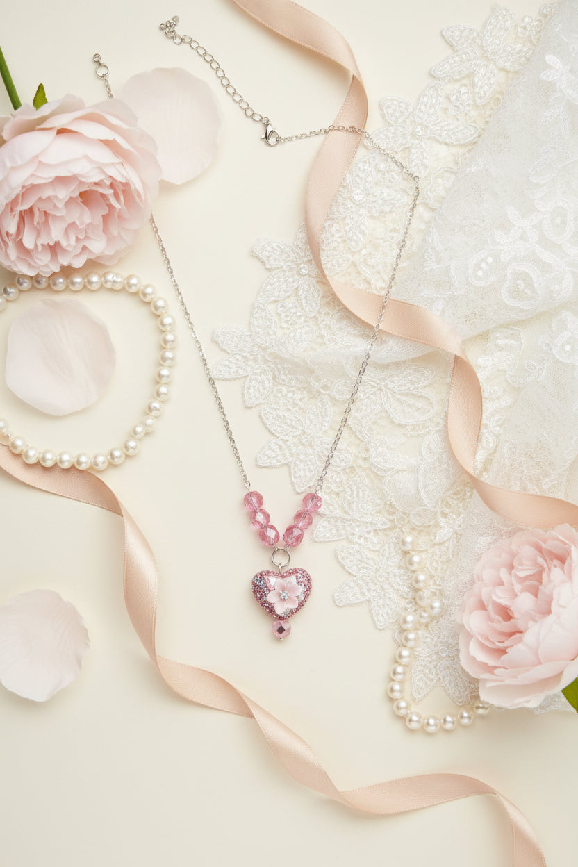 A pink beaded necklace with a glittery heart-shaped pendant, displayed on a black velvet jewelry bust against a white background.
