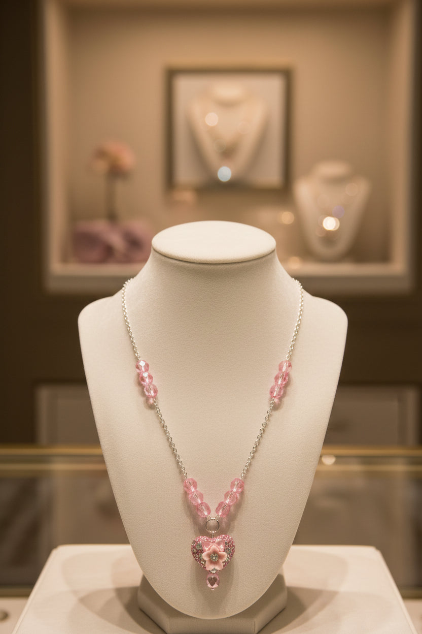 A silver chain necklace with pink faceted beads and a glittery pink heart-shaped pendant, displayed on a black velvet jewelry bust against a white background.