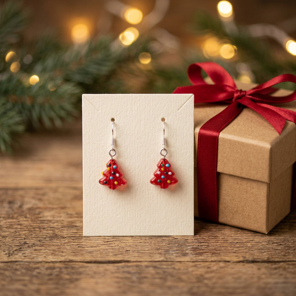 A pair of small red dangling earrings with silver hooks, displayed on a clear acrylic stand against a plain light gray background.