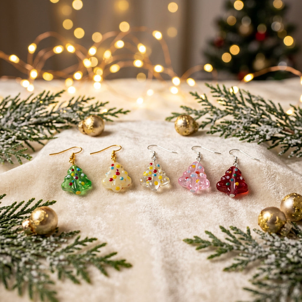 Four small dangling earrings arranged in a row on a plain light background. The earrings have gold- and silver-tone hooks with small translucent decorative pendants in green, yellow, pink, and red.