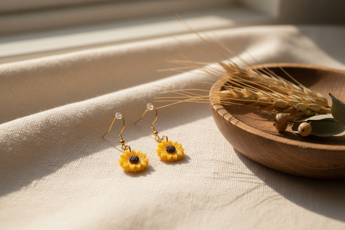 A pair of gold-tone dangle earrings with small yellow flower charms featuring dark brown centers, displayed on a clear acrylic stand against a light gray background.
