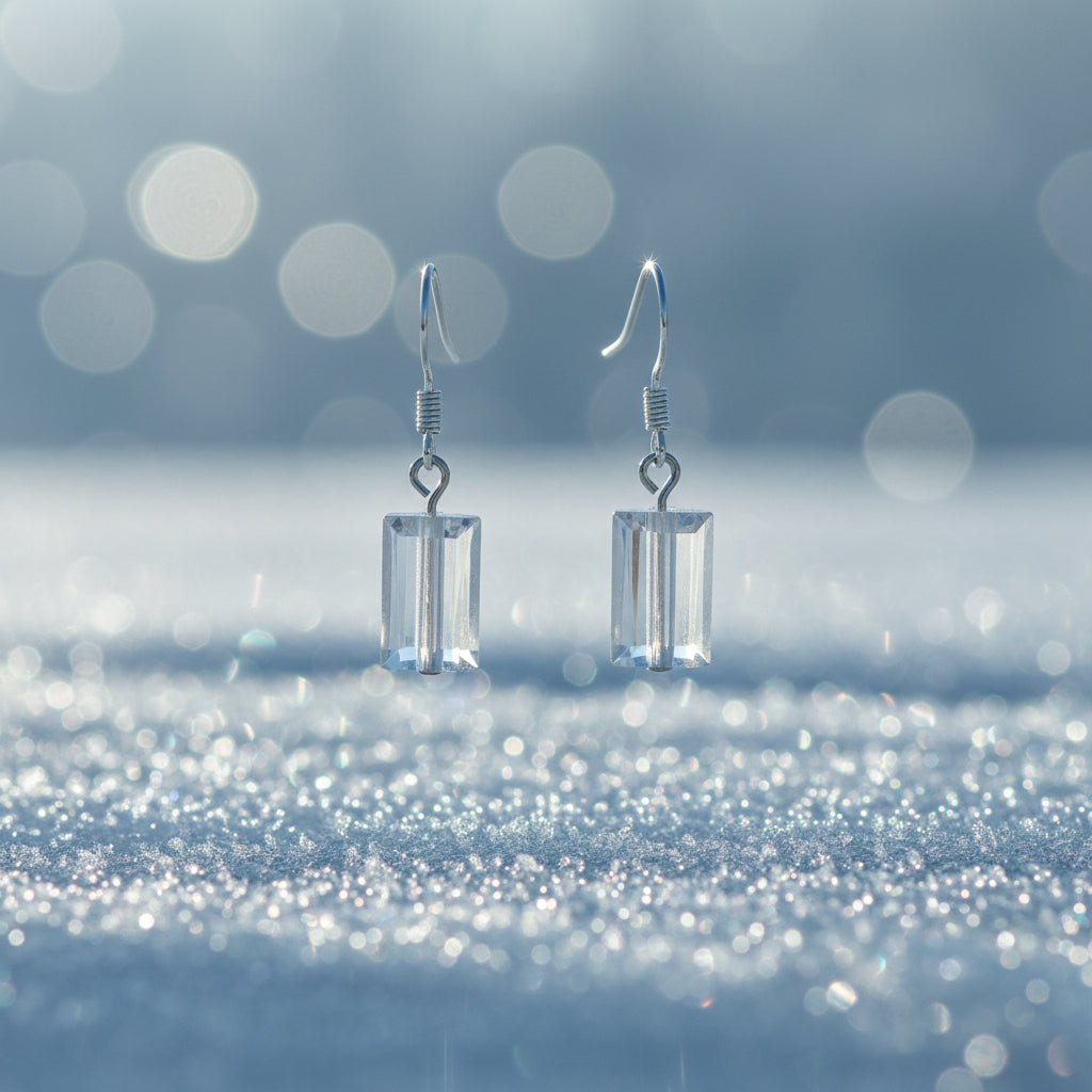 A pair of silver-toned dangle earrings with clear faceted rectangular crystal-like drops, displayed on a transparent stand against a light gray background.