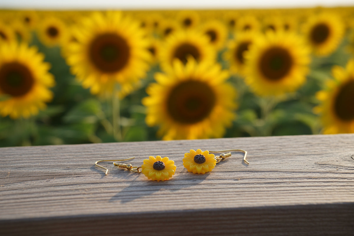 A pair of gold-tone dangle earrings featuring small yellow sunflower charms with dark brown centers, displayed on a clear acrylic stand against a light gray background.