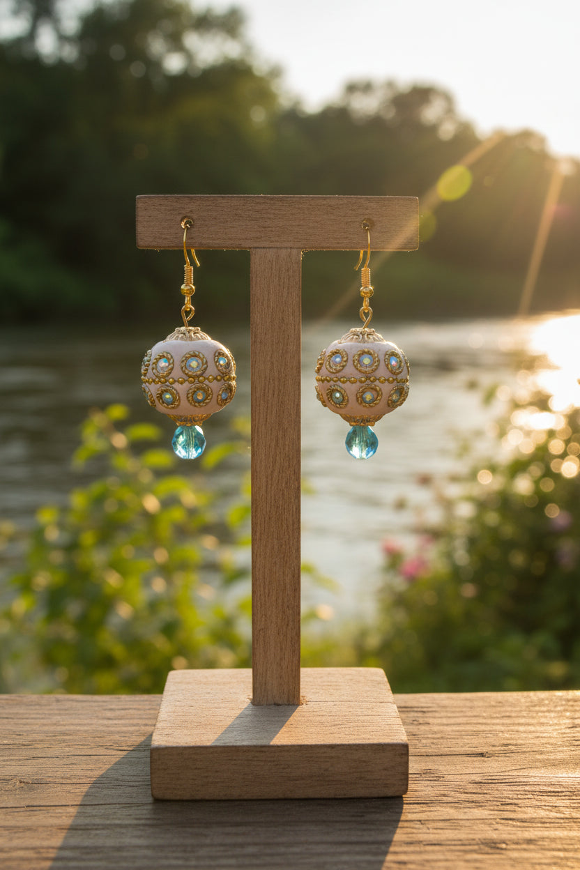 A pair of ornate gold-tone dangle earrings with cream-colored spherical beads decorated with small iridescent rhinestones and light blue dangling drops, displayed against a neutral gray background.