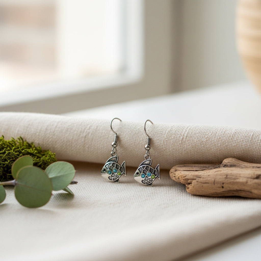 A pair of dangling fish-shaped earrings with textured silver bodies and small iridescent rhinestone eyes, hanging against a plain light background.