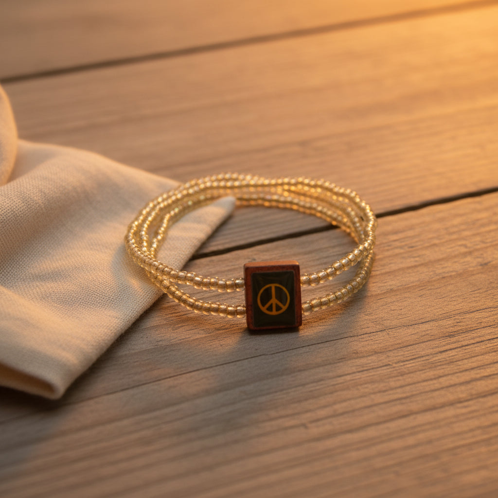 A beaded wrap bracelet with a small rectangular red pendant featuring a yellow emblem, photographed on a plain light gray background.