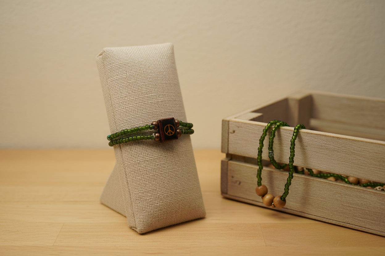 A beaded wrap bracelet featuring textured olive green beads, small metallic bronze beads, and a central dark brown square charm engraved with a gold peace sign, displayed on a neutral light gray background.