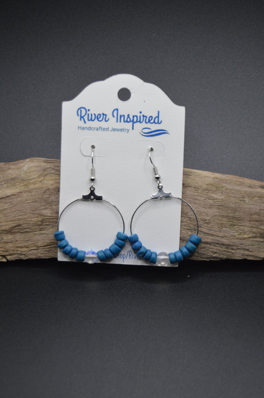 Silver Hoop Earrings featuring hand dyed coconut shells and rainbow glass.