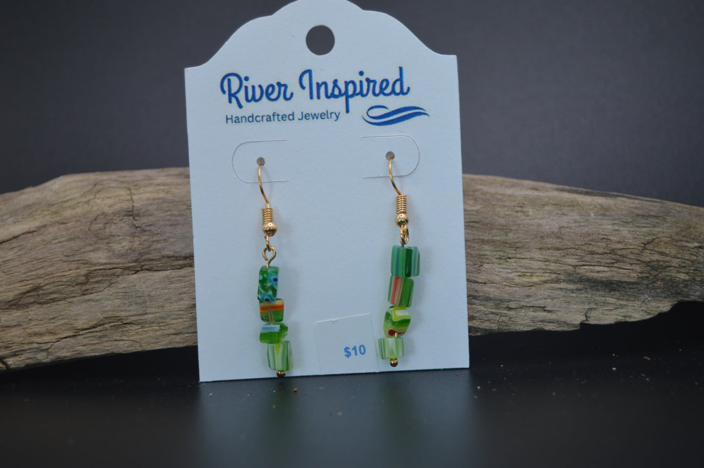 Radiant Greens: Murano Glass Chip Earrings with Gold Findings