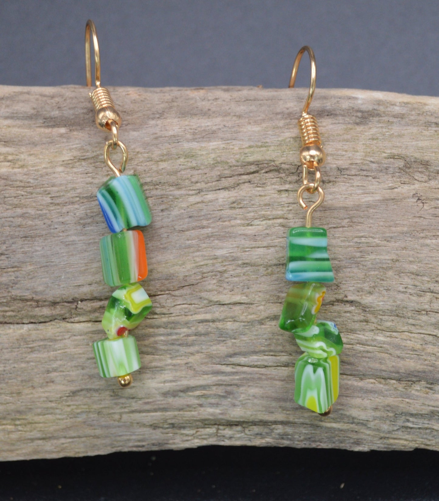 Radiant Greens: Murano Glass Chip Earrings with Gold Findings