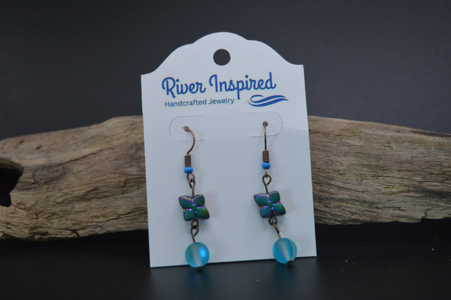 Iris Bloom: Opaque Iris Matte Glass Flower Earrings with Blue Glass Accent