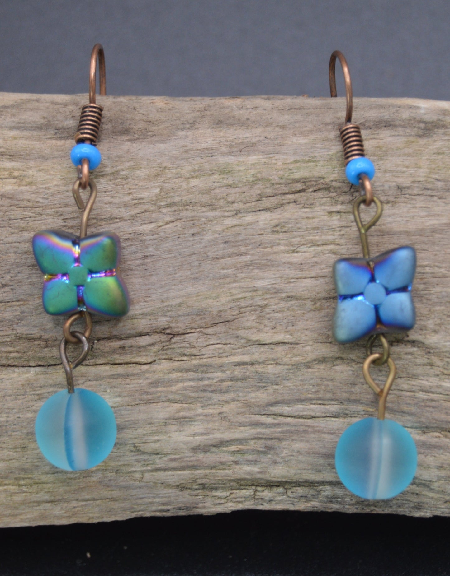 Iris Bloom: Opaque Iris Matte Glass Flower Earrings with Blue Glass Accent