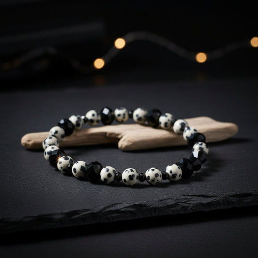 A beaded stretch bracelet made of black and white speckled beads, faceted black beads, and a small white paper tag attached with blue marker writing '$10.5'.