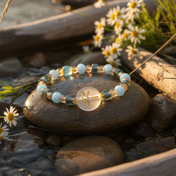 A beaded stretch bracelet featuring light blue beads, faceted green and brown beads, and a round white disc charm with a gold dragonfly design, displayed on a neutral gray background.
