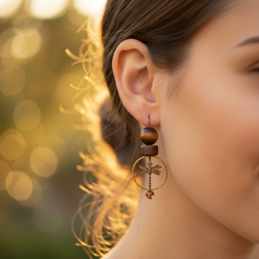 Pair of earrings with circular designs and beads on a white background