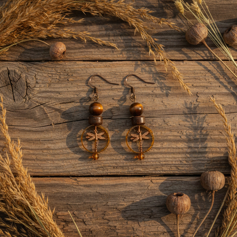 Pair of beaded earrings on a white background