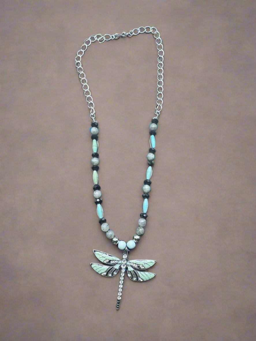 22-Inch Dragonfly Necklace with Turquoise Howlite and Labradorite Beads