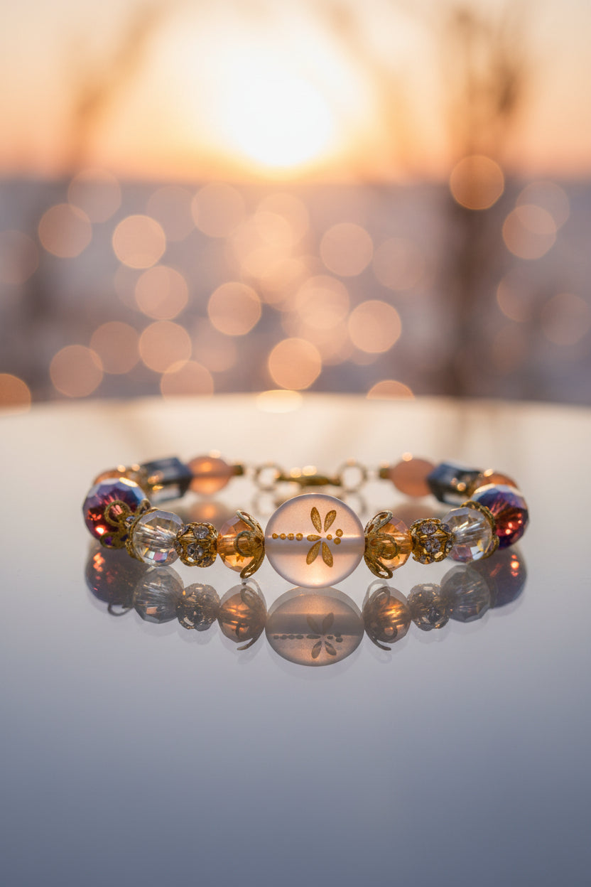 A beaded bracelet with a gold-tone chain and clasp, featuring faceted beads in peach, iridescent purple, orange, and dark gray, alongside a translucent white round bead with a gold dragonfly design.