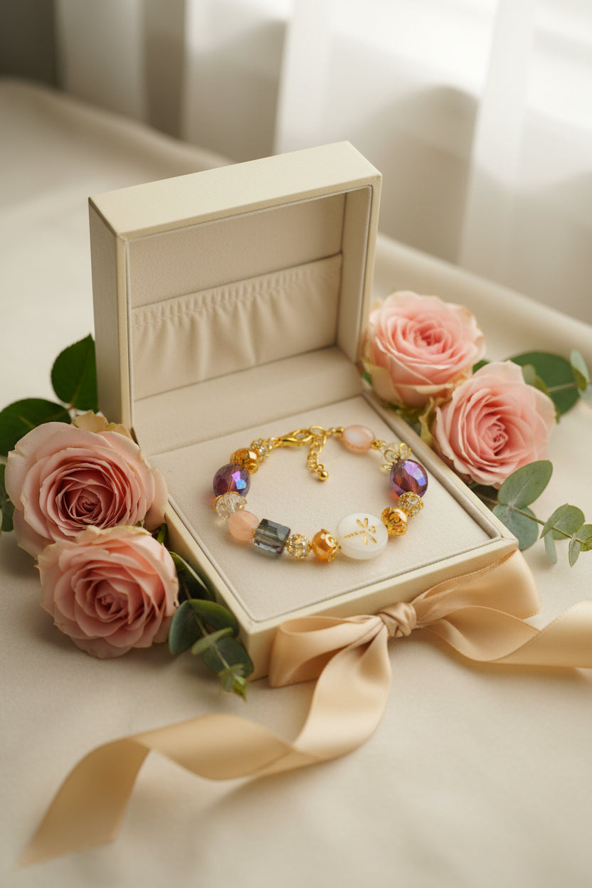 A beaded bracelet with iridescent purple and pink faceted beads, peach-colored oval beads, gold-tone floral and geometric beads, and a clear round bead with a gold dragonfly design, displayed on a neutral gray background.