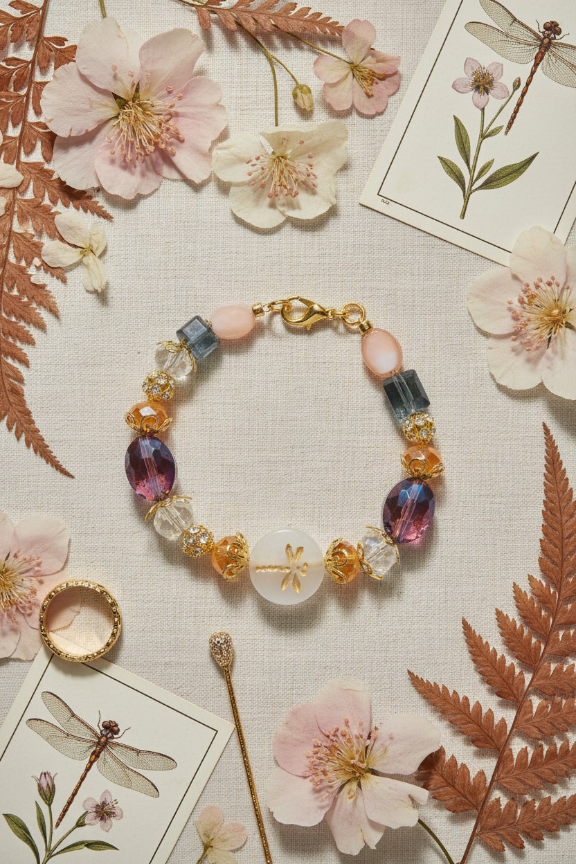 A beaded bracelet with a gold-tone clasp, featuring peach, dark gray, iridescent purple, and clear glass beads with a central round white bead printed with a gold dragonfly.