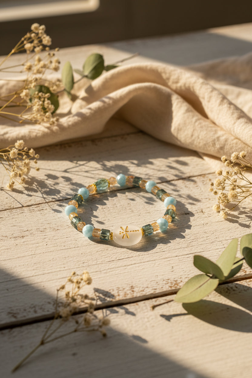 A beaded stretch bracelet featuring light blue round beads, faceted dark green and gold beads, and a central round white bead with a gold symbol, displayed on a neutral gray background.