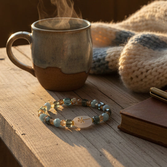 A beaded stretch bracelet featuring light blue, dark green, and tan faceted beads, accented with gold spacers and a round white stone charm with a gold dragonfly design, set against a plain light gray background.