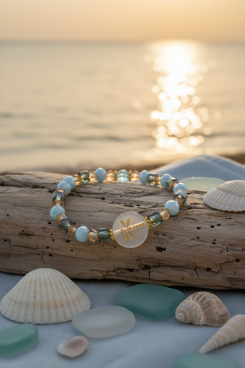 A beaded stretch bracelet featuring light blue beads, faceted green and brown beads, gold spacer beads, and a central round white stone charm with a gold dragonfly design, displayed on a neutral gray background.