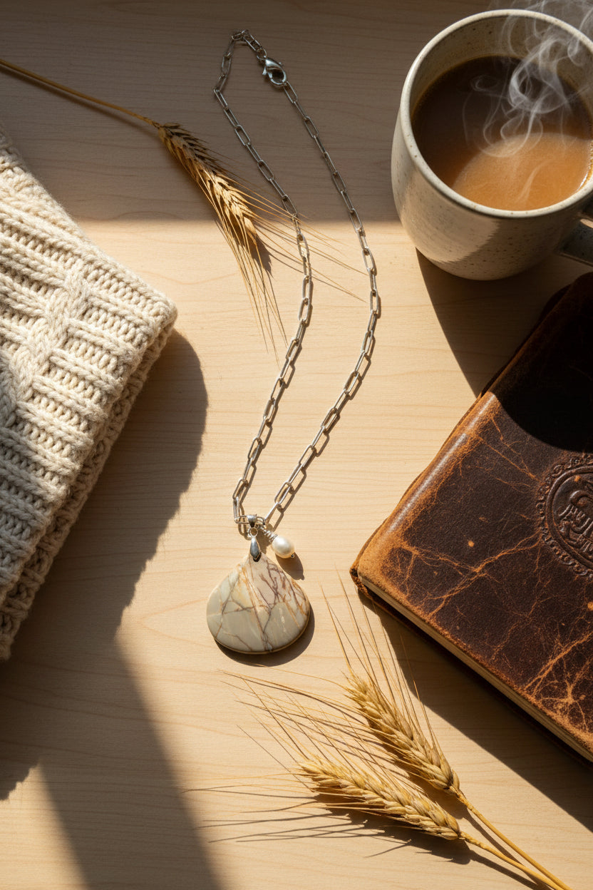 A silver paperclip chain necklace with a teardrop-shaped pendant featuring a beige and brown marbled pattern, displayed on a black velvet jewelry bust.