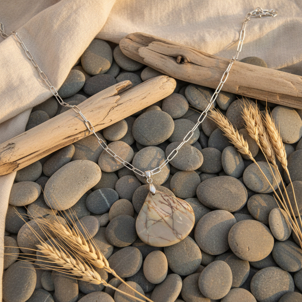 A silver chain necklace with a teardrop-shaped pendant made of polished stone showing natural brown and cream veining, displayed on a black velvet jewelry bust.