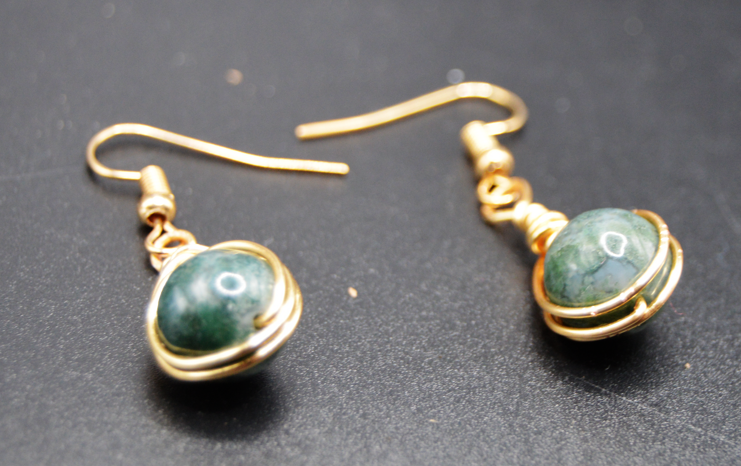 Earthy Glamour: Gold Wire-Wrapped Moss Agate Earrings