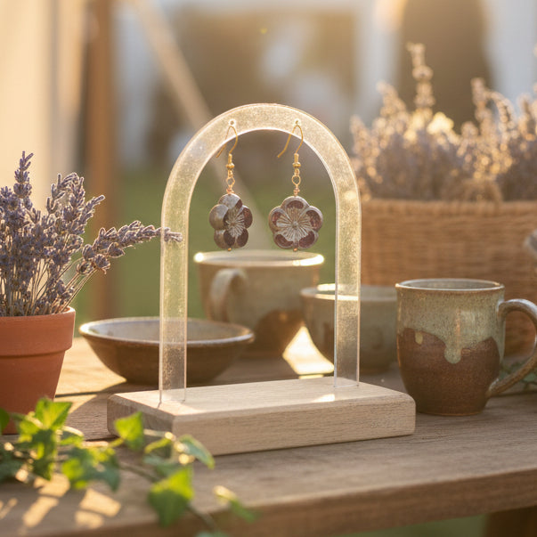 A pair of dangling flower-shaped earrings with dark gray to black petals and gold hooks, displayed on a clear acrylic stand against a light gray background.
