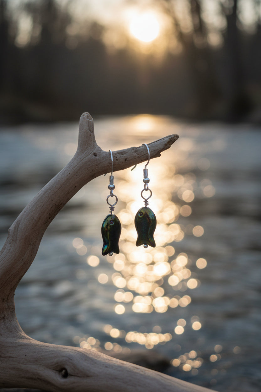 A pair of fish-shaped drop earrings with iridescent dark green and blue enamel, hanging from silver fishhook wires on a clear display stand against a neutral gray background.